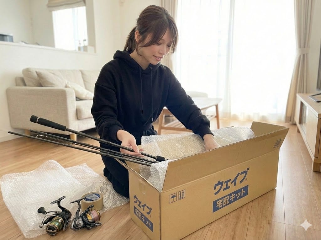 釣り具専門買取ウェイブの宅配キットに竿やリールを言えている女性
