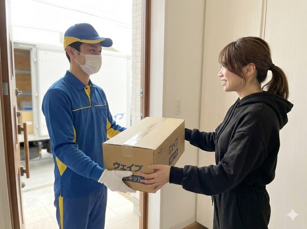 釣り具専門買取ウェイブの宅配キットを運送会社の人に渡している女性