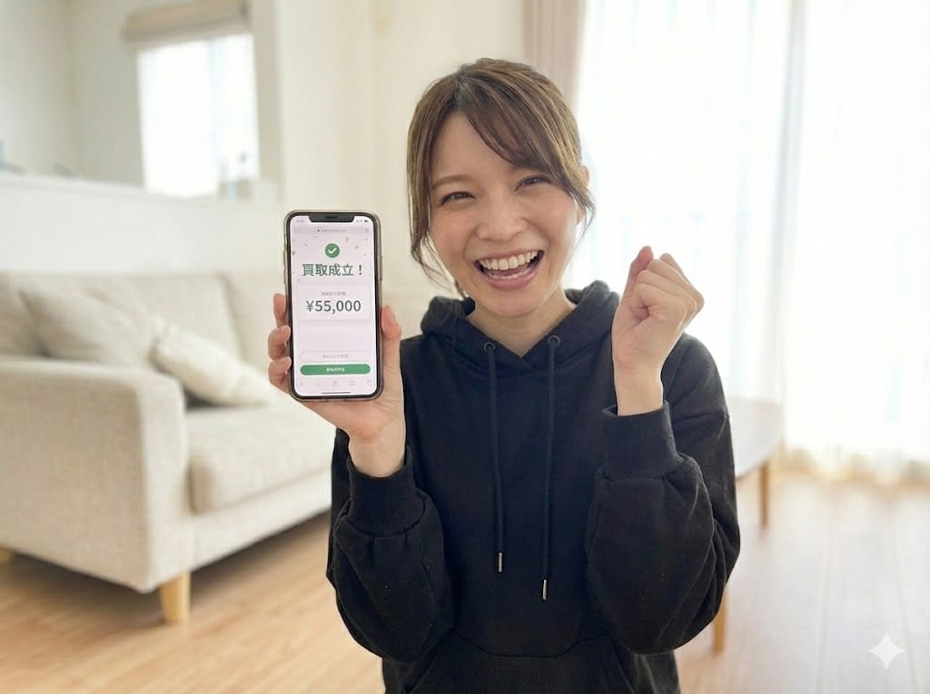 ウェイブで釣具が高く売れて喜ぶ女性