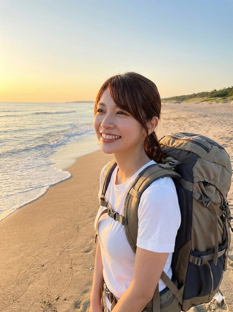 モバイルパックをリュックへいれて海へきた女性