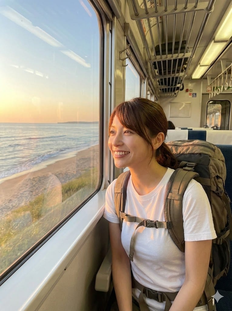 モバイルパックをリュックへいれて海へきた女性