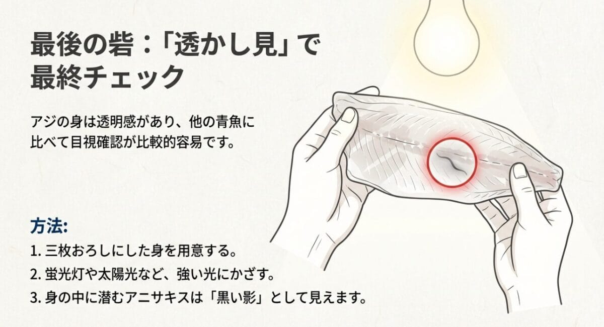 強い光に透かしてアジの身の中に潜むアニサキスを目視確認する方法