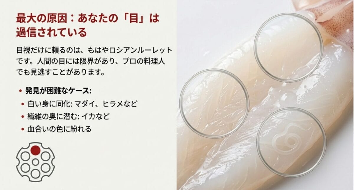 アニサキスを目視だけで確認することの危険性を示すロシアンルーレットのイラスト