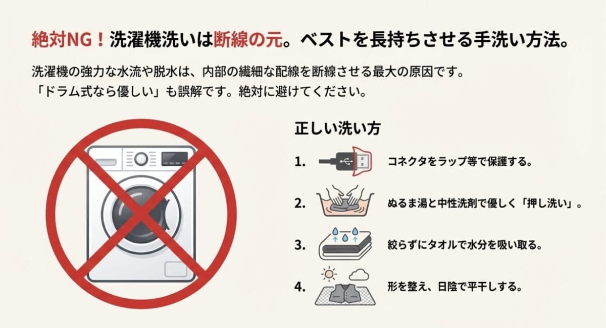 洗濯機による断線リスクへの警告と、コネクタ保護・押し洗い・平干しといった正しい手洗い手順の図解