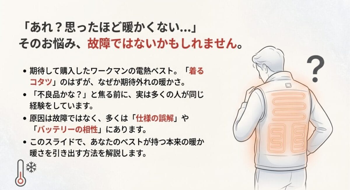 ワークマンの電熱ベストが期待外れの暖かさである原因は故障ではなく仕様や相性にあることを示すスライド